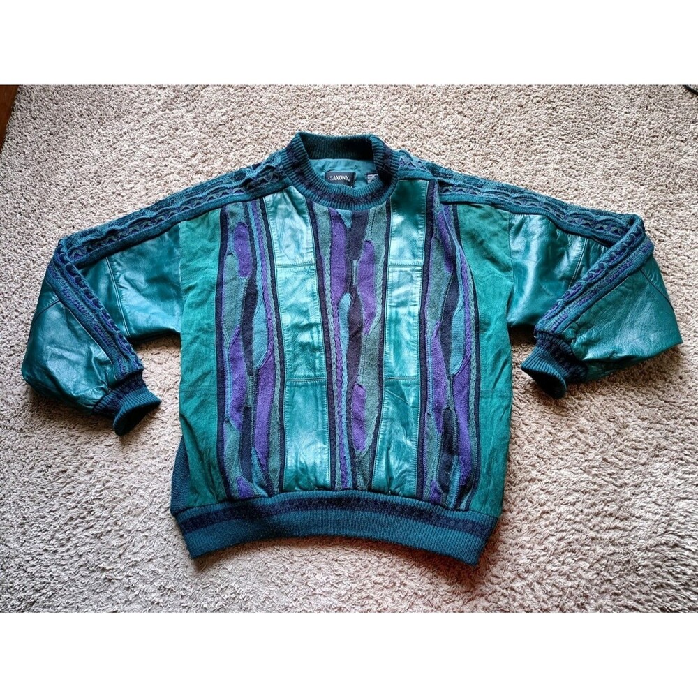 Vintage Saxony Leather Suede Sweater Men's Size XL Coogi Style Cosby Colorblock